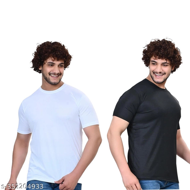 Pack of two men's solid round neck T-shirts in white and black, size S, by 18594, casual everyday wear for men.