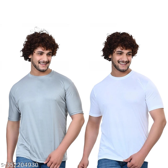 Pack of two men's solid round neck T-shirts in white and grey, size S, from 18594, made of comfortable fabric