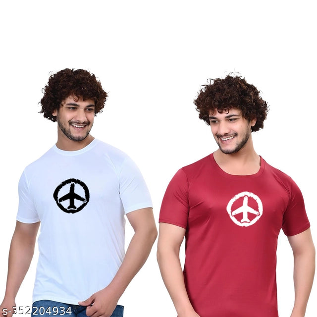 Pack of two men's cotton blend round neck T-shirts in white and maroon with printed design, size S.