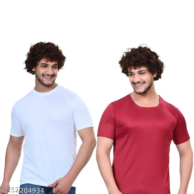 Pack of two men's solid round neck T-shirts in white and maroon, size S, from 18594, featuring a classic fit and soft fabric.