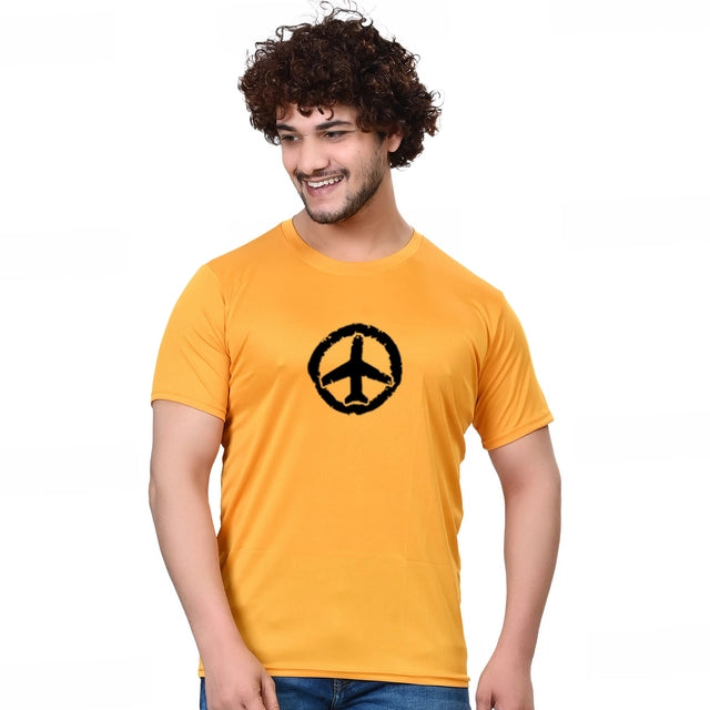 Yellow cotton blend men's round neck printed T-shirt in size S with a casual fit, featuring a stylish graphic design.