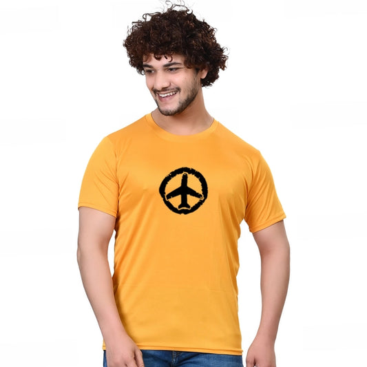 Yellow cotton blend men's round neck printed T-shirt in size S with a casual fit, featuring a stylish graphic design.