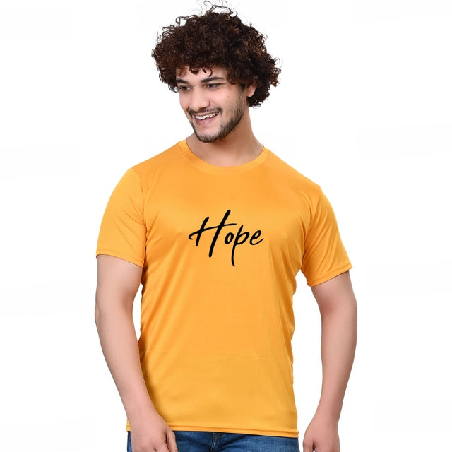 Yellow men's round neck printed T-shirt from 18594, casual style, soft fabric, fits size S, ideal for everyday wear.