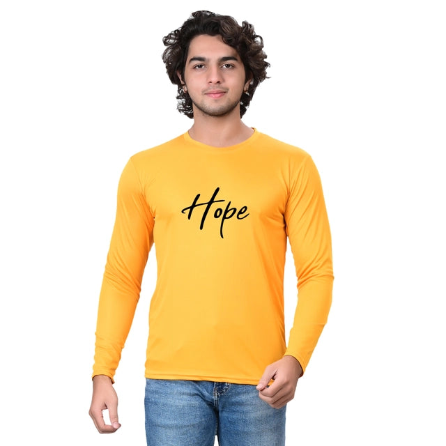 Yellow men's round neck printed T-shirt from 18594, casual fit with colorful graphic design, size small.