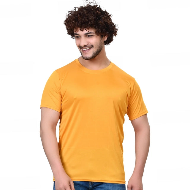 Yellow men's round neck solid T-shirt from 18594, made of comfortable fabric, shown on a plain background.