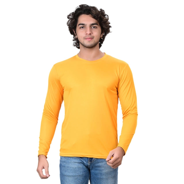 Yellow men's round neck solid T-shirt from 18594, casual fit, lightweight cotton, short sleeves, size small, stylish and comfortable.
