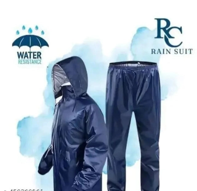 Navy blue polyester full sleeves rainsuit set for men, size L, designed for rain protection with a waterproof raincoat and pants.