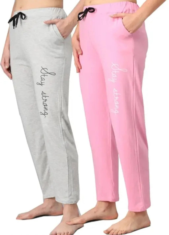 Pair of women's cotton blend straight fit trousers in grey and pink, size M, shown laid flat with front view.