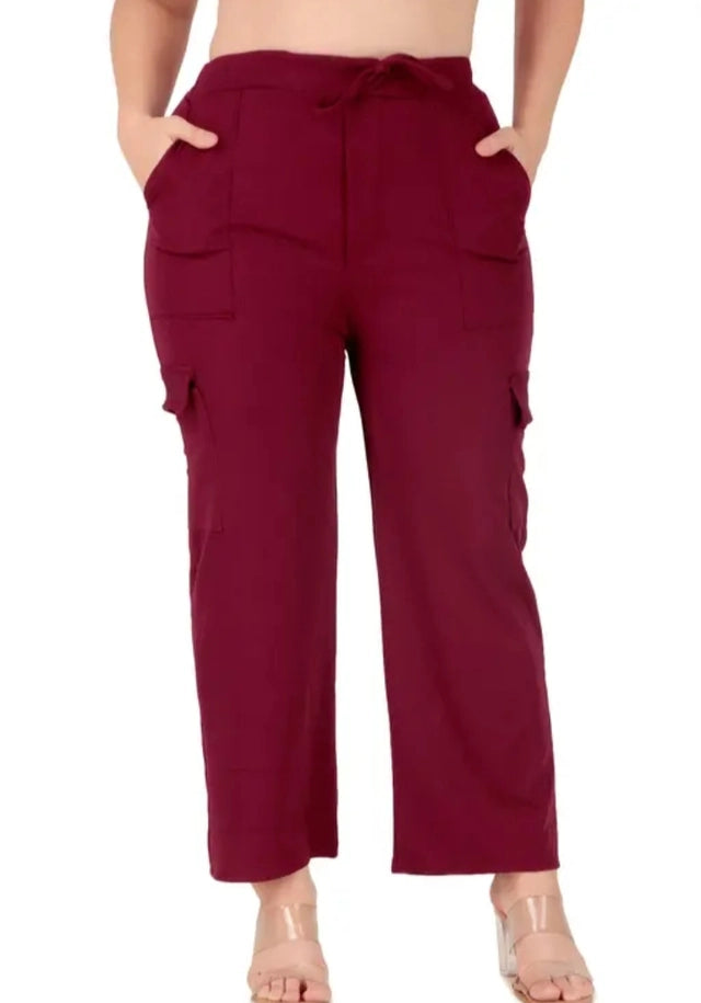 Maroon cotton blend straight fit women's trousers with pockets, size small, from 18594, casual and comfortable for everyday wear.