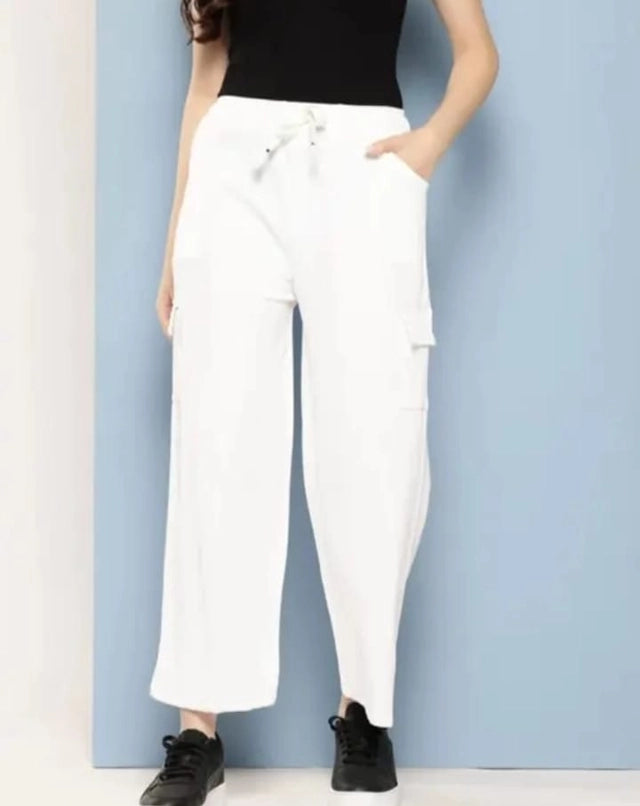 White cotton blend straight fit women's trousers in size small, casual and comfortable women's pants with a classic fit.