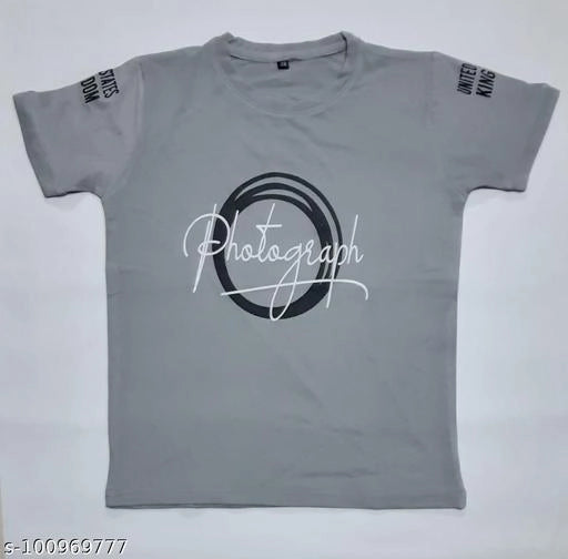 Grey cotton blend round neck printed T-shirt for boys aged 7-8 years, featuring a colorful design from 18624.