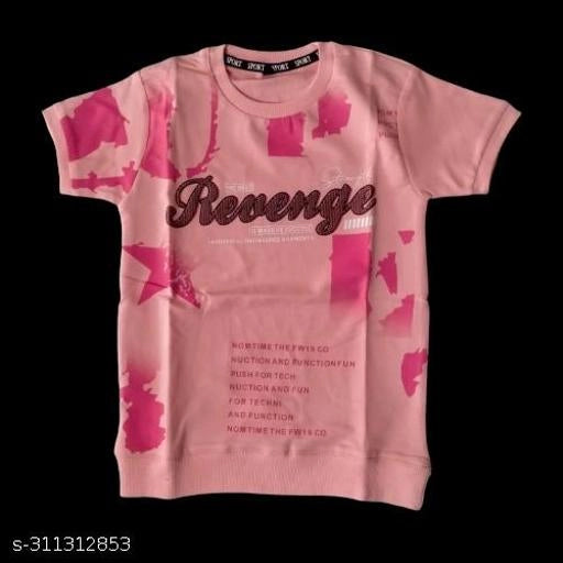 Cotton blend round neck printed T-shirt for boys in peach, size 2-3 years, featuring colorful patterns and comfortable fit.