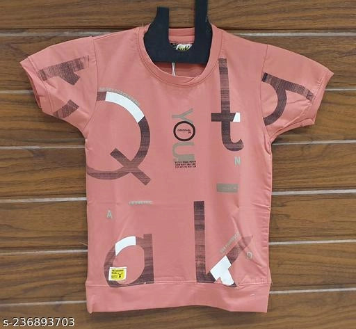 Cotton round neck printed T-shirt for boys in peach, size 7-8 years, from 18624, featuring colorful design on front.