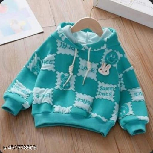 Turquoise woolen printed hoodie for girls aged 0-1 years, from 18624, featuring a cozy design and cute pattern.