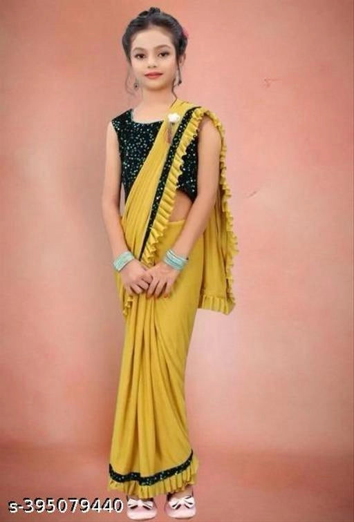 Mustard lycra solid saree for girls aged 4-5 years, stylish girls sarees by 18624, featuring a comfortable and vibrant design.