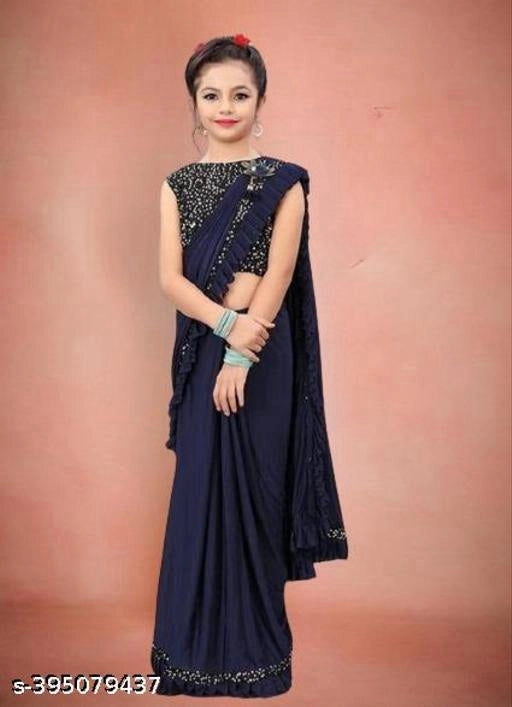 Navy blue Lycra solid girls saree for ages 3-4 years, showcasing smooth fabric and traditional style.