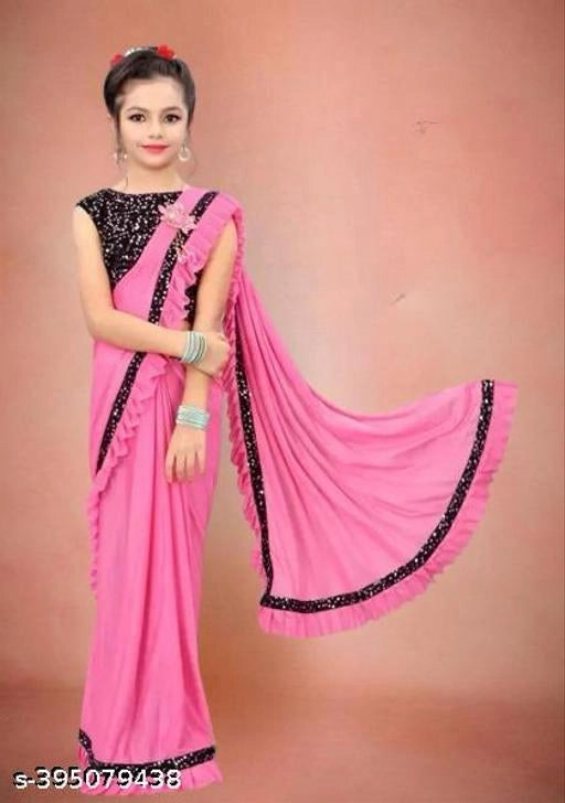 Baby pink Lycra solid saree for girls aged 3-4 years, featuring a comfortable, elegant design by 18624.