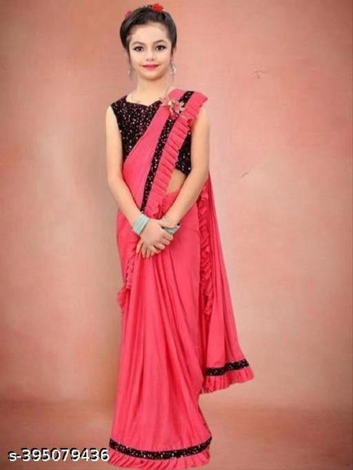 Pink Lycra solid saree for girls aged 3-4 years, featuring a comfortable and stylish traditional girls saree by 18624.
