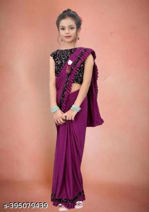 Purple Lycra solid saree for girls aged 3-4 years, featuring a comfortable and vibrant traditional attire.