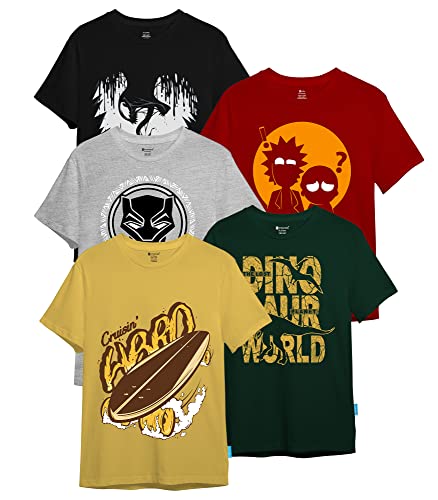 Pack of 5 men's active T-shirts with round necks, multicolor printed design, by brand 18626.