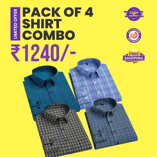 Set of four men's chequered premium cotton shirts by 18626, multicolor, slim fit, perfect for casual and semi-formal wear.