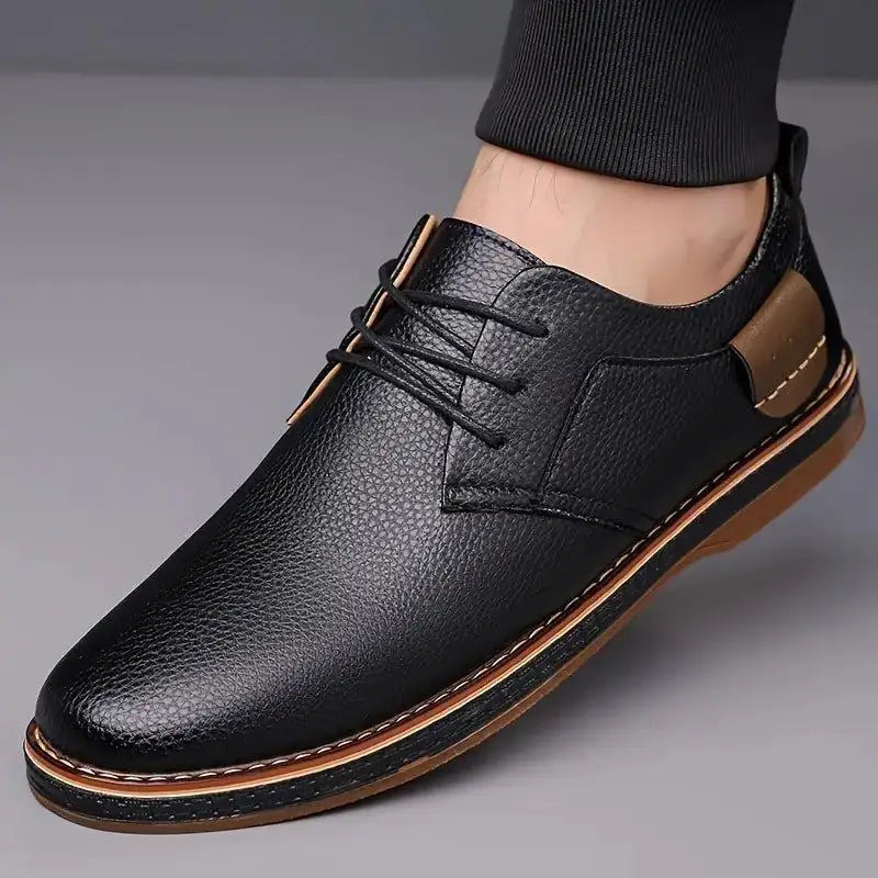 Men's Derby Party lace-up casual shoes in black leather with stitching, styled for men's casual footwear by 18644.