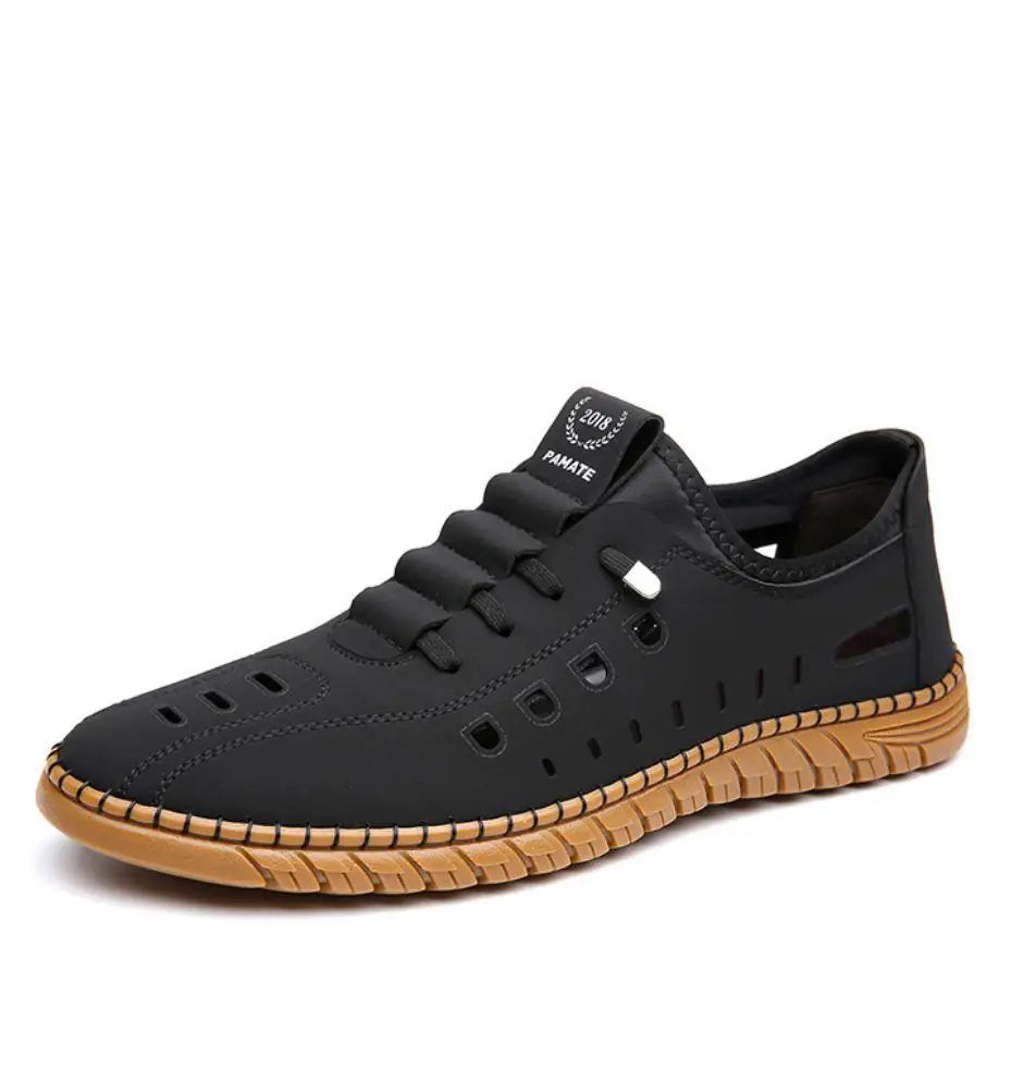 Men's stylish laser cut casual shoes in black with breathable design and comfortable sole, by brand 18644.