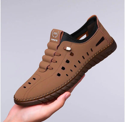 Men's stylish laser-cut tan casual shoes with intricate cutout design and comfortable sole, by brand 18644.