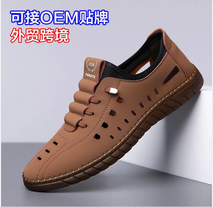 Men's stylish laser cut tan casual shoes with breathable design and casual slip-on style, made by 18644.