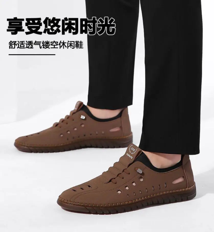 Men's stylish laser cut tan casual shoes with sleek design and breathable material, perfect for everyday wear.