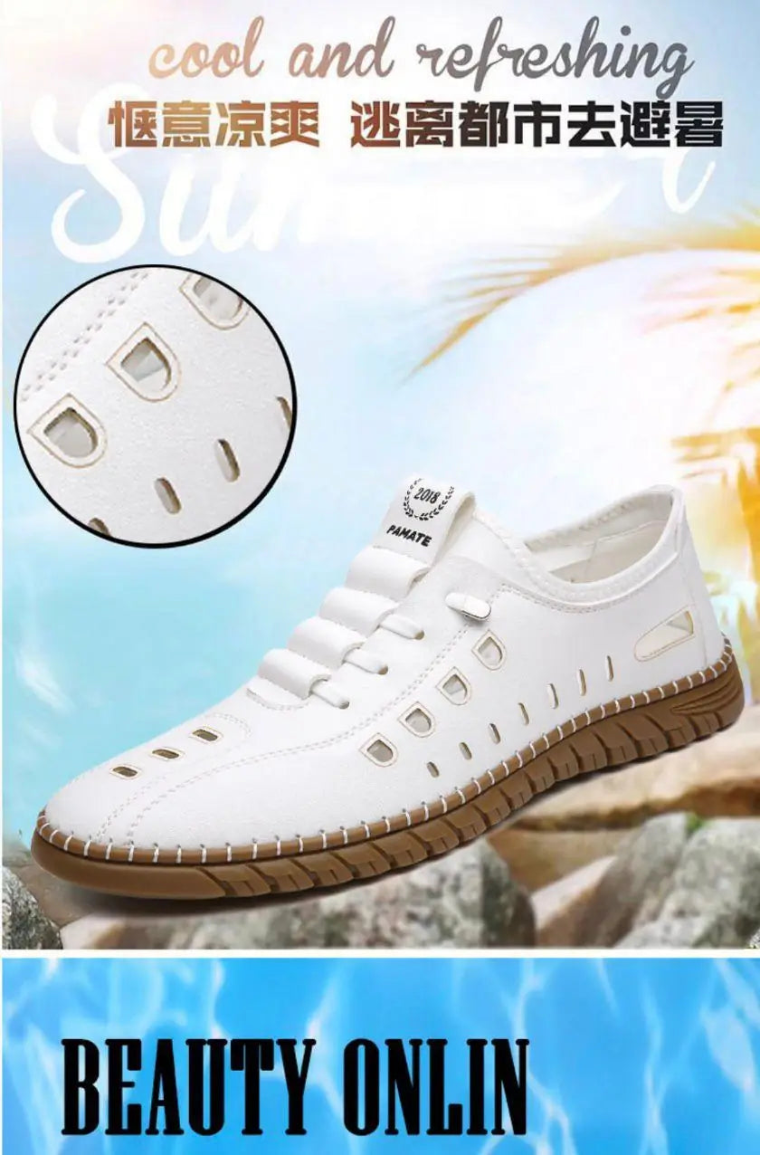 Men's stylish white laser cut casual shoes with breathable design and casual fit, made by brand 18644.