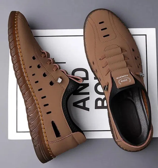 Men's casual brown shoes by 18644, featuring a sleek design and comfortable fit, shown in a close-up image.