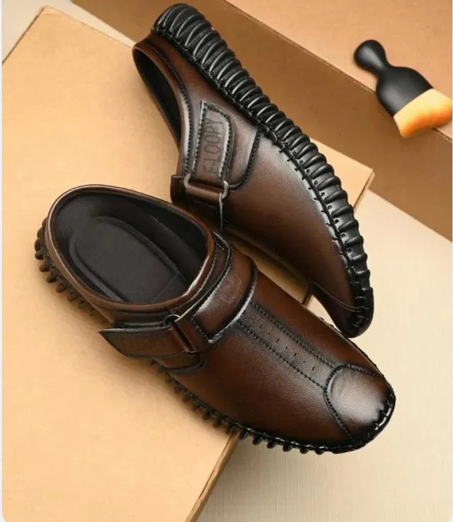 Brown leather men's casual shoes with a half bantu design from brand 18644, showcasing a stylish and comfortable footwear option.