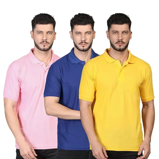 Set of three multicolor men's cotton polo T-shirts by 18666, casual short-sleeve shirts with classic collar and button placket.