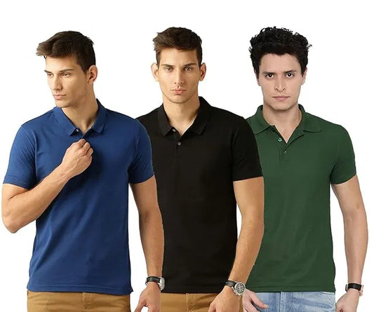 Set of three men's multicolor cotton polo T-shirts by 18666, casual shirts with a classic collar and short sleeves.