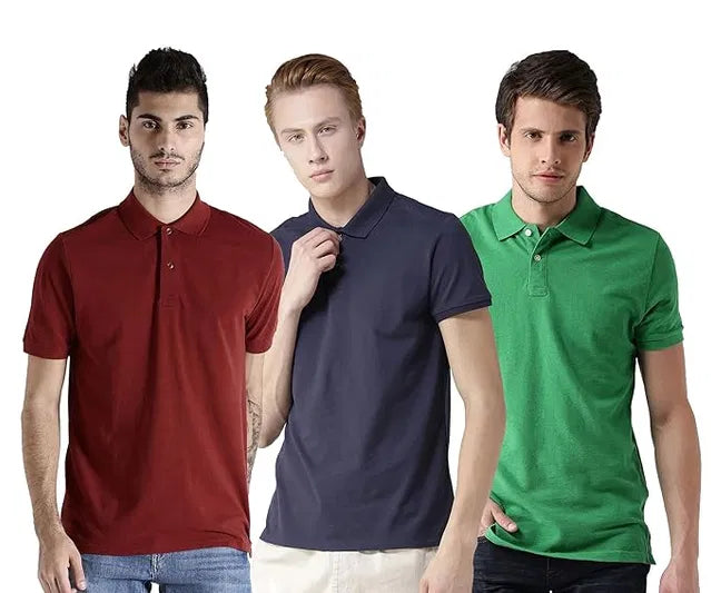 Set of three multicolor men's cotton polo T-shirts by 18666, casual short-sleeve shirts for everyday wear.
