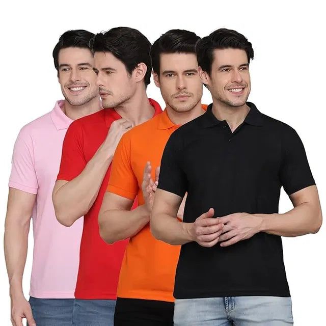 Set of four men's cotton polo T-shirts by 18666 in multicolor, casual shirts featuring classic collar and short sleeves.