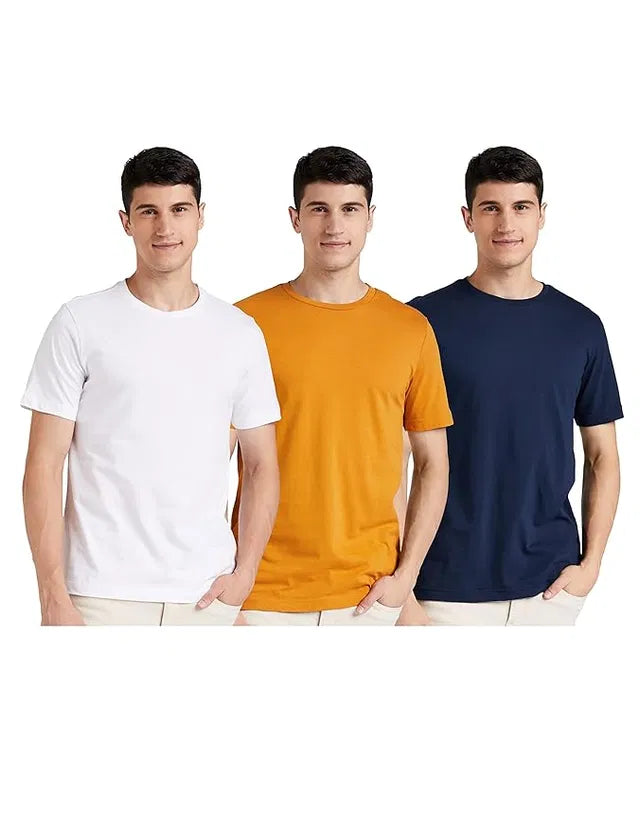 Set of three men's round neck cotton T-shirts in multicolor from 18666, casual and comfortable for everyday wear.