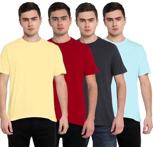 Set of four men's multicolor round neck cotton T-shirts by 18666, casual shirts for everyday wear.