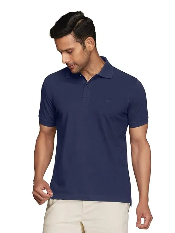 Blue men's polo T-shirt by 18666, front view showing classic collar and short sleeves, pack of 1.