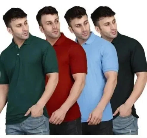 Set of four multicolor men's polo neck T-shirts by 18666, in size M, displayed stacked with vibrant colors.
