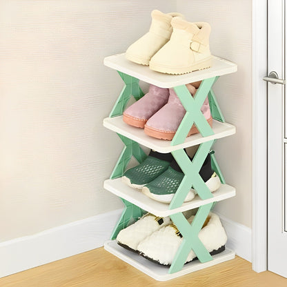 Multicolor plastic 4-layer foldable shoe rack from 18875, showing collapsible design and multiple tiers for organized shoe storage.