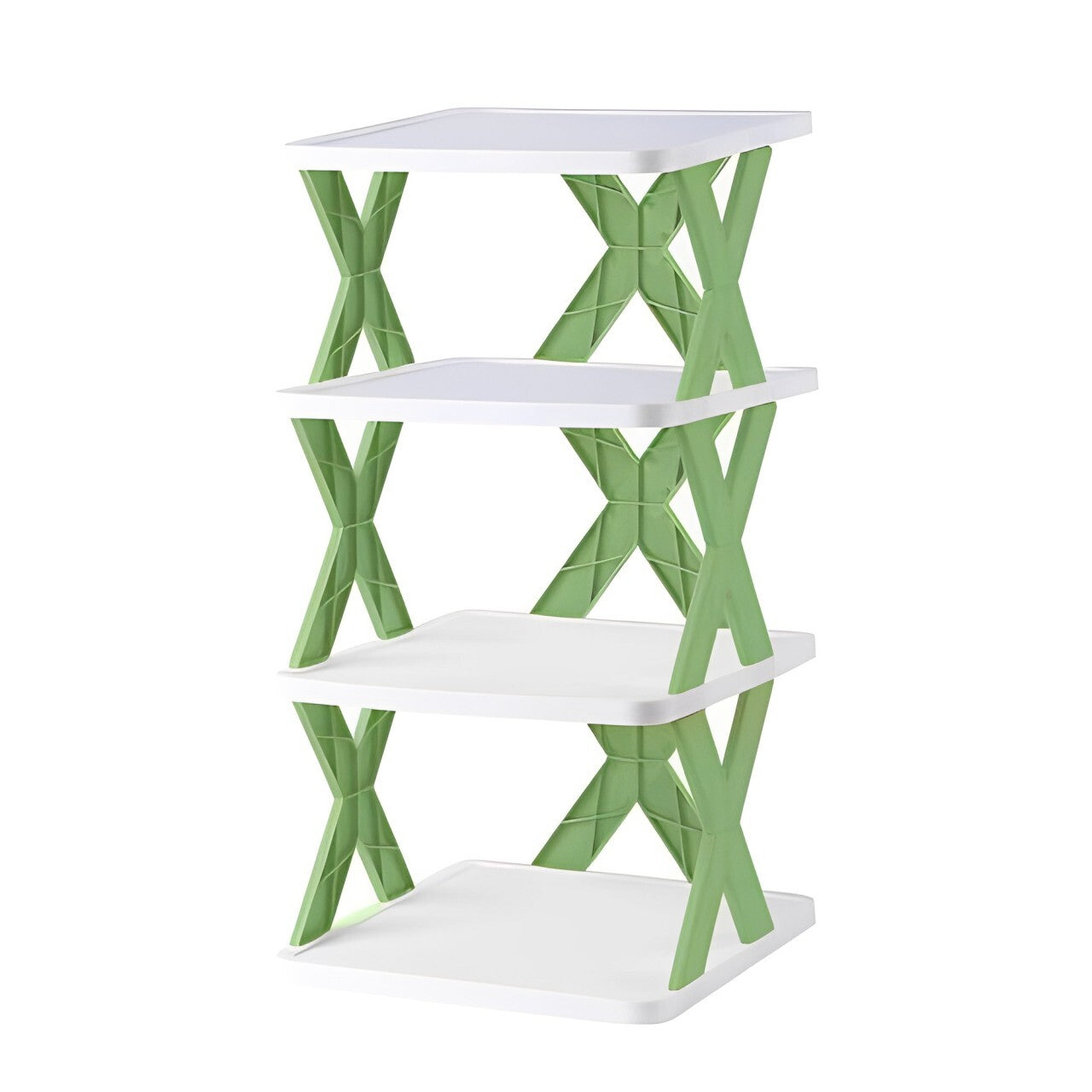 Multicolor plastic 4-layer foldable shoe rack from 18875 with a collapsible design and multiple tiers for organized shoe storage.