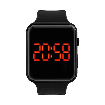 Black LED digital watch for kids by 18875, showing time on a digital display in a close-up view.