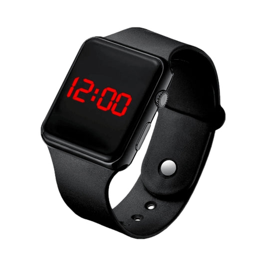 Black LED digital watch for kids, 18875 brand, showing time display on a digital screen in a close-up image.