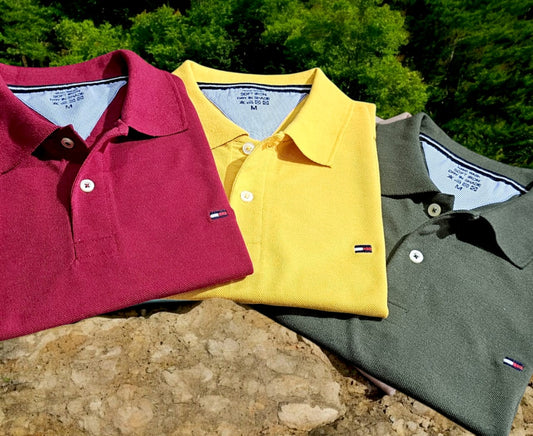 Set of three multicolor men's polo neck T-shirts by 18893, casual and comfortable men's T-shirts in various colors.