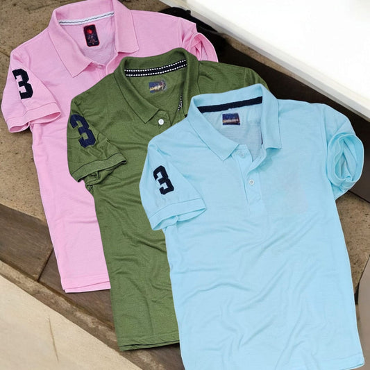 Set of three multicolor men's polo neck T-shirts by 18893, casual short-sleeve tees in various colors, size M.
