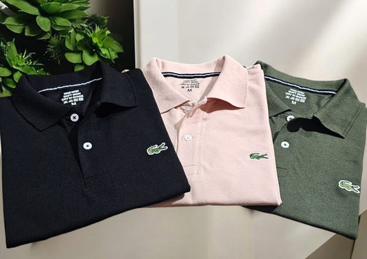 Set of three multicolor men's polo neck T-shirts by 18893, casual short-sleeve T-shirts in various colors for men.
