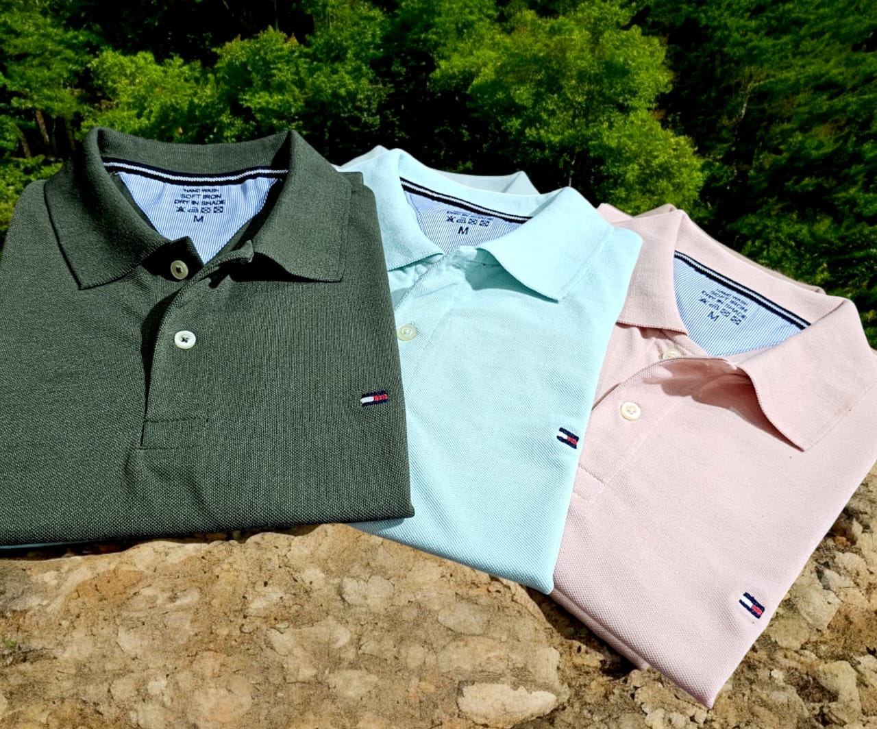 Set of three men's multicolor polo neck T-shirts by 18893, casual men's T-shirts in size M, soft fabric and stylish fit.