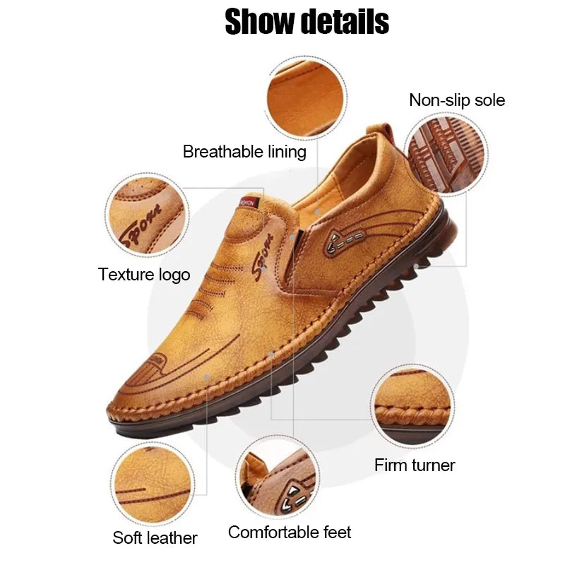 Beige men's casual leather shoes with rounded toe and stitching detail, designed for comfort and everyday wear.